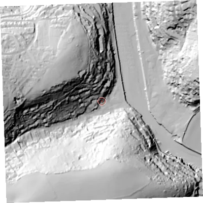 Shaded relief map of the ground around PL132EW, computed from Environment Agency LiDAR. The ground here sits at about 7 m above sea level and falls 105 m across the surrounding 800 m. Surface water reaching this point runs off ground lying to the north-west, 64.4 m higher.