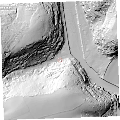 Shaded relief map of the ground around PL132EX, computed from Environment Agency LiDAR. The ground here sits at about 3 m above sea level and falls 105 m across the surrounding 800 m. Surface water reaching this point runs off ground lying to the south-west, 100.5 m higher.