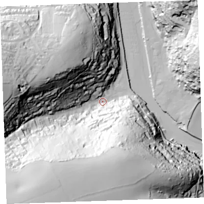 Shaded relief map of the ground around PL132EZ, computed from Environment Agency LiDAR. The ground here sits at about 5 m above sea level and falls 106 m across the surrounding 800 m. Surface water reaching this point runs off ground lying to the south-west, 99.5 m higher.
