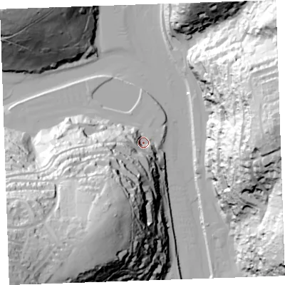 Shaded relief map of the ground around PL132FG, computed from Environment Agency LiDAR. The ground here sits at about 5 m above sea level and falls 104 m across the surrounding 800 m. Surface water reaching this point runs off ground lying to the south-south-west, 73.2 m higher.