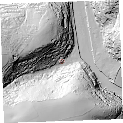 Shaded relief map of the ground around PL132HA, computed from Environment Agency LiDAR. The ground here sits at about 10 m above sea level and falls 106 m across the surrounding 800 m. Surface water reaching this point runs off ground lying to the west, 99.5 m higher.