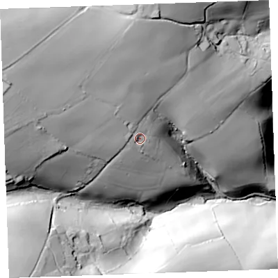 Shaded relief map of the ground around PL132HZ, computed from Environment Agency LiDAR. The ground here sits at about 98 m above sea level and falls 93 m across the surrounding 800 m. Surface water reaching this point runs off ground lying to the west-north-west, 33.8 m higher.