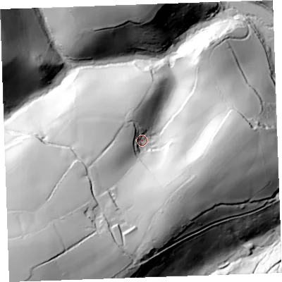 Shaded relief map of the ground around PL132NB, computed from Environment Agency LiDAR. The ground here sits at about 47 m above sea level and falls 106 m across the surrounding 800 m. Surface water reaching this point runs off ground lying to the south-south-west, 44.0 m higher.