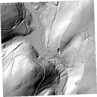 Shaded relief map of the ground around PL132ND, computed from Environment Agency LiDAR. The ground here sits at about 6 m above sea level and falls 115 m across the surrounding 800 m. Surface water reaching this point runs off ground lying to the north-east, 114.2 m higher.