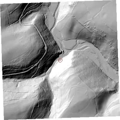 Shaded relief map of the ground around PL132NE, computed from Environment Agency LiDAR. The ground here sits at about 4 m above sea level and falls 111 m across the surrounding 800 m. Surface water reaching this point runs off ground lying to the south-west, 107.7 m higher.