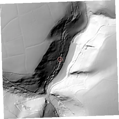 Shaded relief map of the ground around PL132PL, computed from Environment Agency LiDAR. The ground here sits at about 46 m above sea level and falls 106 m across the surrounding 800 m. Surface water reaching this point runs off ground lying to the west-north-west, 73.3 m higher.