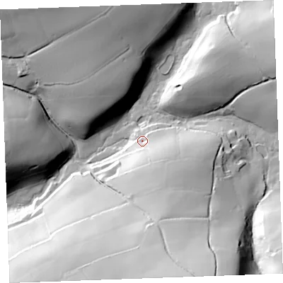Shaded relief map of the ground around PL132QE, computed from Environment Agency LiDAR. The ground here sits at about 54 m above sea level and falls 72 m across the surrounding 800 m. Surface water reaching this point runs off ground lying to the south-south-east, 36.6 m higher.