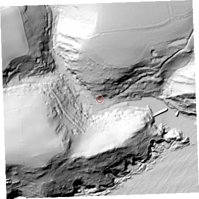 Shaded relief map of the ground around PL132QR, computed from Environment Agency LiDAR. The ground here sits at about 7 m above sea level and falls 130 m across the surrounding 800 m. Surface water reaching this point runs off ground lying to the north, 92.4 m higher.