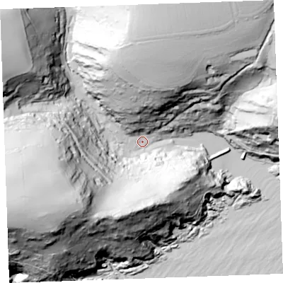 Shaded relief map of the ground around PL132QT, computed from Environment Agency LiDAR. The ground here sits at about 4 m above sea level and falls 129 m across the surrounding 800 m. Surface water reaching this point runs off ground lying to the west-south-west, 123.3 m higher.