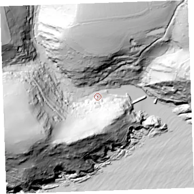 Shaded relief map of the ground around PL132QU, computed from Environment Agency LiDAR. The ground here sits at about 5 m above sea level and falls 127 m across the surrounding 800 m. Surface water reaching this point runs off ground lying to the west-south-west, 122.0 m higher.
