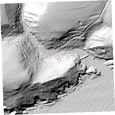 Shaded relief map of the ground around PL132QX, computed from Environment Agency LiDAR. The ground here sits at about 10 m above sea level and falls 128 m across the surrounding 800 m. Surface water reaching this point runs off ground lying to the south, 66.0 m higher.