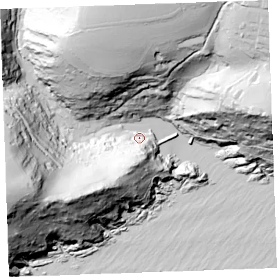 Shaded relief map of the ground around PL132QZ, computed from Environment Agency LiDAR. The ground here sits at about 7 m above sea level and falls 120 m across the surrounding 800 m. Surface water reaching this point runs off ground lying to the south-south-west, 54.9 m higher.