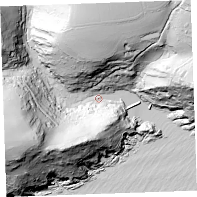 Shaded relief map of the ground around PL132RA, computed from Environment Agency LiDAR. The ground here sits at about 3 m above sea level and falls 125 m across the surrounding 800 m. Surface water reaching this point runs off ground lying to the west-south-west, 120.7 m higher.