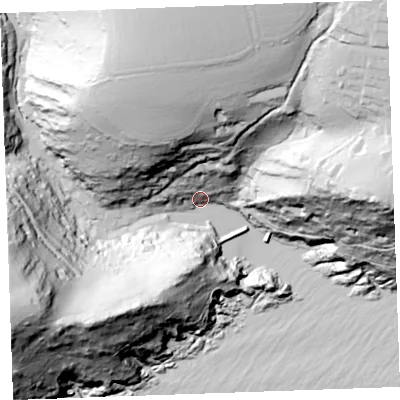 Shaded relief map of the ground around PL132RB, computed from Environment Agency LiDAR. The ground here sits at about 7 m above sea level and falls 118 m across the surrounding 800 m. Surface water reaching this point runs off ground lying to the north, 112.0 m higher.