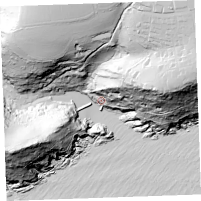 Shaded relief map of the ground around PL132RD, computed from Environment Agency LiDAR. The ground here sits at about 12 m above sea level and falls 116 m across the surrounding 800 m. Surface water reaching this point runs off ground lying to the north-east, 62.6 m higher.