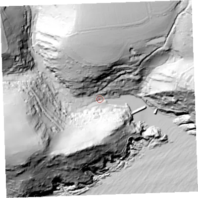 Shaded relief map of the ground around PL132RE, computed from Environment Agency LiDAR. The ground here sits at about 3 m above sea level and falls 126 m across the surrounding 800 m. Surface water reaching this point runs off ground lying to the west-south-west, 121.6 m higher.