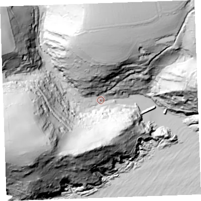 Shaded relief map of the ground around PL132RF, computed from Environment Agency LiDAR. The ground here sits at about 4 m above sea level and falls 128 m across the surrounding 800 m. Surface water reaching this point runs off ground lying to the west-south-west, 122.8 m higher.