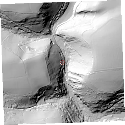 Shaded relief map of the ground around PL132RH, computed from Environment Agency LiDAR. The ground here sits at about 24 m above sea level and falls 116 m across the surrounding 800 m. Surface water reaching this point runs off ground lying to the east-north-east, 98.6 m higher.
