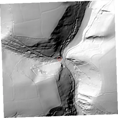Shaded relief map of the ground around PL132RJ, computed from Environment Agency LiDAR. The ground here sits at about 23 m above sea level and falls 107 m across the surrounding 800 m. Surface water reaching this point runs off ground lying to the north-north-west, 95.5 m higher.