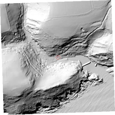Shaded relief map of the ground around PL132RR, computed from Environment Agency LiDAR. The ground here sits at about 4 m above sea level and falls 128 m across the surrounding 800 m. Surface water reaching this point runs off ground lying to the west-south-west, 123.0 m higher.
