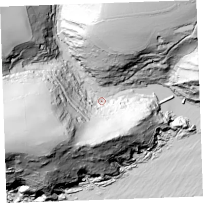 Shaded relief map of the ground around PL132RS, computed from Environment Agency LiDAR. The ground here sits at about 6 m above sea level and falls 130 m across the surrounding 800 m. Surface water reaching this point runs off ground lying to the west-south-west, 124.0 m higher.
