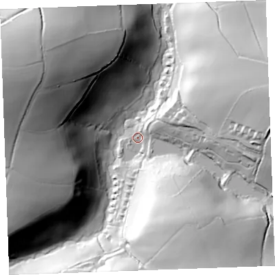 Shaded relief map of the ground around PL132RW, computed from Environment Agency LiDAR. The ground here sits at about 48 m above sea level and falls 87 m across the surrounding 800 m. Surface water reaching this point runs off ground lying to the east-north-east, 49.8 m higher.
