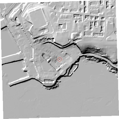 Shaded relief map of the ground around PL13BT, computed from Environment Agency LiDAR. The ground here sits at about 6 m above sea level and falls 36 m across the surrounding 800 m. Surface water reaching this point runs off ground lying to the south-south-west, 4.4 m higher.