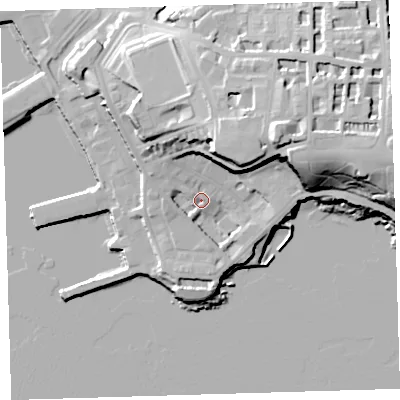 Shaded relief map of the ground around PL13BX, computed from Environment Agency LiDAR. The ground here sits at about 7 m above sea level and falls 35 m across the surrounding 800 m. Surface water reaching this point runs off ground lying to the north-east, 24.6 m higher.