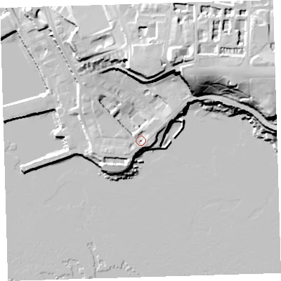 Shaded relief map of the ground around PL13BZ, computed from Environment Agency LiDAR. The ground here sits at about 7 m above sea level and falls 36 m across the surrounding 800 m. Surface water reaching this point runs off ground lying to the south, 2.0 m higher.