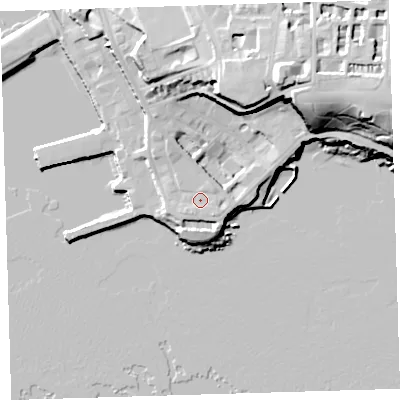 Shaded relief map of the ground around PL13DB, computed from Environment Agency LiDAR. The ground here sits at about 8 m above sea level and falls 35 m across the surrounding 800 m. Surface water reaching this point runs off ground lying to the south-east, 2.0 m higher.