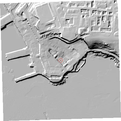 Shaded relief map of the ground around PL13DD, computed from Environment Agency LiDAR. The ground here sits at about 6 m above sea level and falls 35 m across the surrounding 800 m. Surface water reaching this point runs off ground lying to the south, 4.4 m higher.