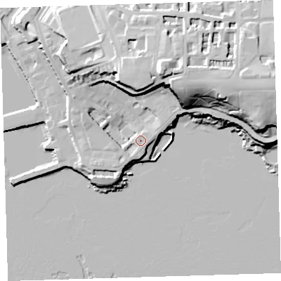 Shaded relief map of the ground around PL13DF, computed from Environment Agency LiDAR. The ground here sits at about 8 m above sea level and falls 36 m across the surrounding 800 m. Surface water reaching this point runs off ground lying to the south-south-west, 3.7 m higher.