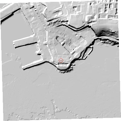 Shaded relief map of the ground around PL13DJ, computed from Environment Agency LiDAR. The ground here sits at about 9 m above sea level and falls 35 m across the surrounding 800 m. Surface water reaching this point runs off ground lying to the south-south-west, 3.4 m higher.