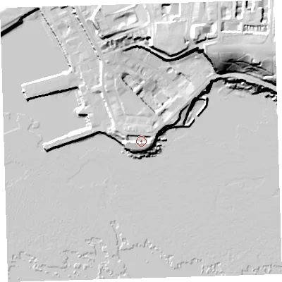 Shaded relief map of the ground around PL13DQ, computed from Environment Agency LiDAR. The ground here sits at about 7 m above sea level and falls 35 m across the surrounding 800 m. Surface water reaching this point runs off ground lying to the west, 3.4 m higher.