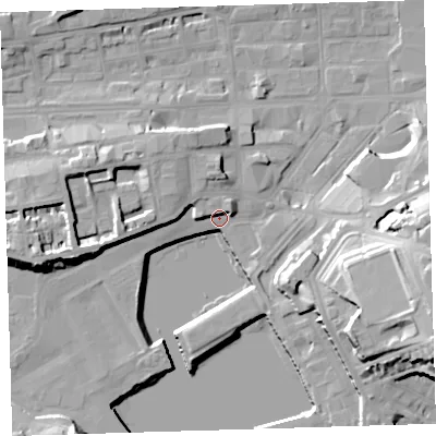 Shaded relief map of the ground around PL13EF, computed from Environment Agency LiDAR. The ground here sits at about 5 m above sea level and falls 26 m across the surrounding 800 m. Surface water reaching this point runs off ground lying to the north-west, 6.1 m higher.