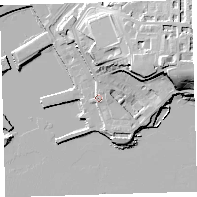 Shaded relief map of the ground around PL13EQ, computed from Environment Agency LiDAR. The ground here sits at about 8 m above sea level and falls 35 m across the surrounding 800 m. Surface water reaching this point runs off ground lying to the north, 3.0 m higher.