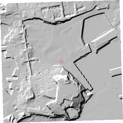 Shaded relief map of the ground around PL13EW, computed from Environment Agency LiDAR. The ground here sits at about 4 m above sea level and falls 29 m across the surrounding 800 m. Surface water reaching this point runs off ground lying to the south-south-east, 23.3 m higher.