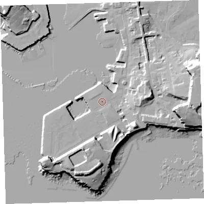 Shaded relief map of the ground around PL13GD, computed from Environment Agency LiDAR. The ground here sits at about 4 m above sea level and falls 27 m across the surrounding 800 m. Surface water reaching this point runs off ground lying to the east-north-east, 20.4 m higher.