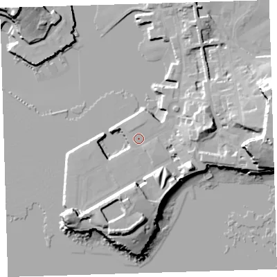 Shaded relief map of the ground around PL13GE, computed from Environment Agency LiDAR. The ground here sits at about 4 m above sea level and falls 26 m across the surrounding 800 m. Surface water reaching this point runs off ground lying to the east, 19.8 m higher.
