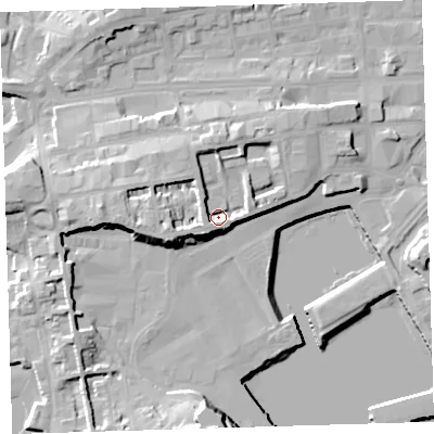 Shaded relief map of the ground around PL13LP, computed from Environment Agency LiDAR. The ground here sits at about 9 m above sea level and falls 22 m across the surrounding 800 m. Surface water reaching this point runs off ground lying to the west-south-west, 6.3 m higher.