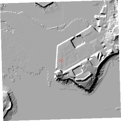 Shaded relief map of the ground around PL13PA, computed from Environment Agency LiDAR. The ground here sits at about 4 m above sea level and falls 22 m across the surrounding 800 m. Surface water reaching this point runs off ground lying to the south-south-east, 13.0 m higher.