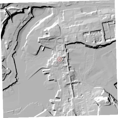 Shaded relief map of the ground around PL13QA, computed from Environment Agency LiDAR. The ground here sits at about 8 m above sea level and falls 31 m across the surrounding 800 m. Surface water reaching this point runs off ground lying to the south-south-east, 2.5 m higher.