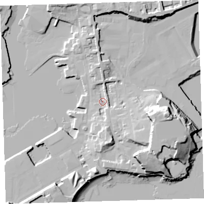 Shaded relief map of the ground around PL13QP, computed from Environment Agency LiDAR. The ground here sits at about 4 m above sea level and falls 29 m across the surrounding 800 m. Surface water reaching this point runs off ground lying to the south, 8.8 m higher.