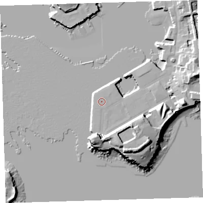 Shaded relief map of the ground around PL13QQ, computed from Environment Agency LiDAR. The ground here sits at about 4 m above sea level and falls 22 m across the surrounding 800 m. The ground contributing surface water to this point lies to the east-south-east.