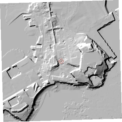 Shaded relief map of the ground around PL13QR, computed from Environment Agency LiDAR. The ground here sits at about 9 m above sea level and falls 29 m across the surrounding 800 m. Surface water reaching this point runs off ground lying to the south-west, 6.3 m higher.