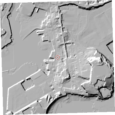 Shaded relief map of the ground around PL13RB, computed from Environment Agency LiDAR. The ground here sits at about 4 m above sea level and falls 29 m across the surrounding 800 m. Surface water reaching this point runs off ground lying to the south-south-east, 11.5 m higher.