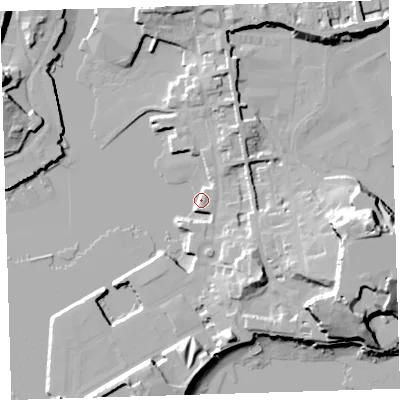Shaded relief map of the ground around PL13RD, computed from Environment Agency LiDAR. The ground here sits at about 3 m above sea level and falls 29 m across the surrounding 800 m. Surface water reaching this point runs off ground lying to the south-east, 15.8 m higher.