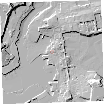 Shaded relief map of the ground around PL13RJ, computed from Environment Agency LiDAR. The ground here sits at about 5 m above sea level and falls 31 m across the surrounding 800 m. Surface water reaching this point runs off ground lying to the north-east, 6.8 m higher.