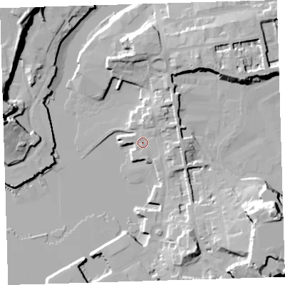 Shaded relief map of the ground around PL13RL, computed from Environment Agency LiDAR. The ground here sits at about 3 m above sea level and falls 29 m across the surrounding 800 m. Surface water reaching this point runs off ground lying to the east-north-east, 5.1 m higher.