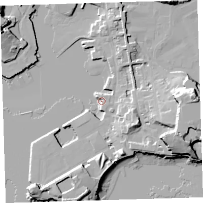 Shaded relief map of the ground around PL13RN, computed from Environment Agency LiDAR. The ground here sits at about 3 m above sea level and falls 29 m across the surrounding 800 m. Surface water reaching this point runs off ground lying to the south-south-east, 5.8 m higher.